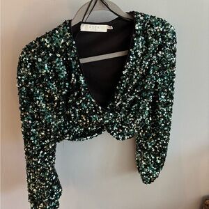 Astr Sequin Crop Blouse Green Black